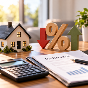 Model home, calculator, documents, and interest rate percentage sign illustrating mortgage refinancing
